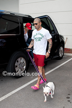 Miguel Cotto arrives at the Don Miguel Boxing Gym in Orlando with one of his French bulldogs