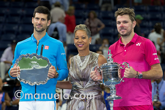 Novak Djokovic (SRB) Katrina Adams and Stan Wawrinka (SUI)