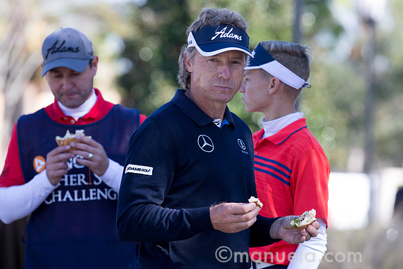 Berhnard Langer having lunch with son Jason and caddie